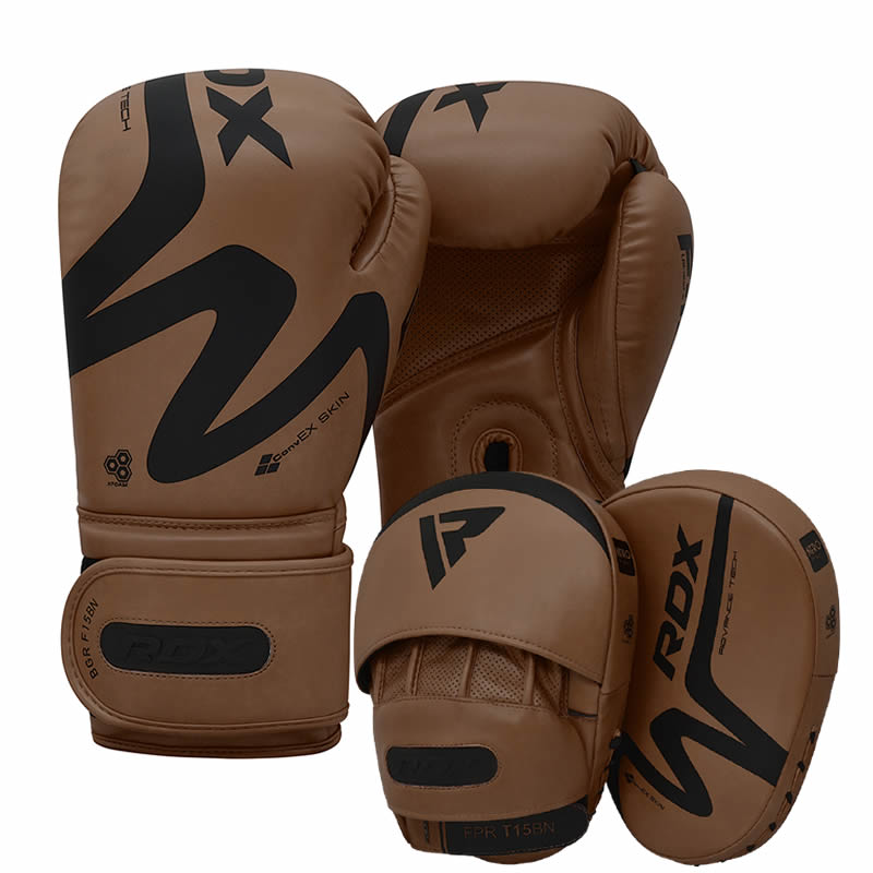 RDX T15 Nero Boxing Gloves & Focus Mitts Set Brown